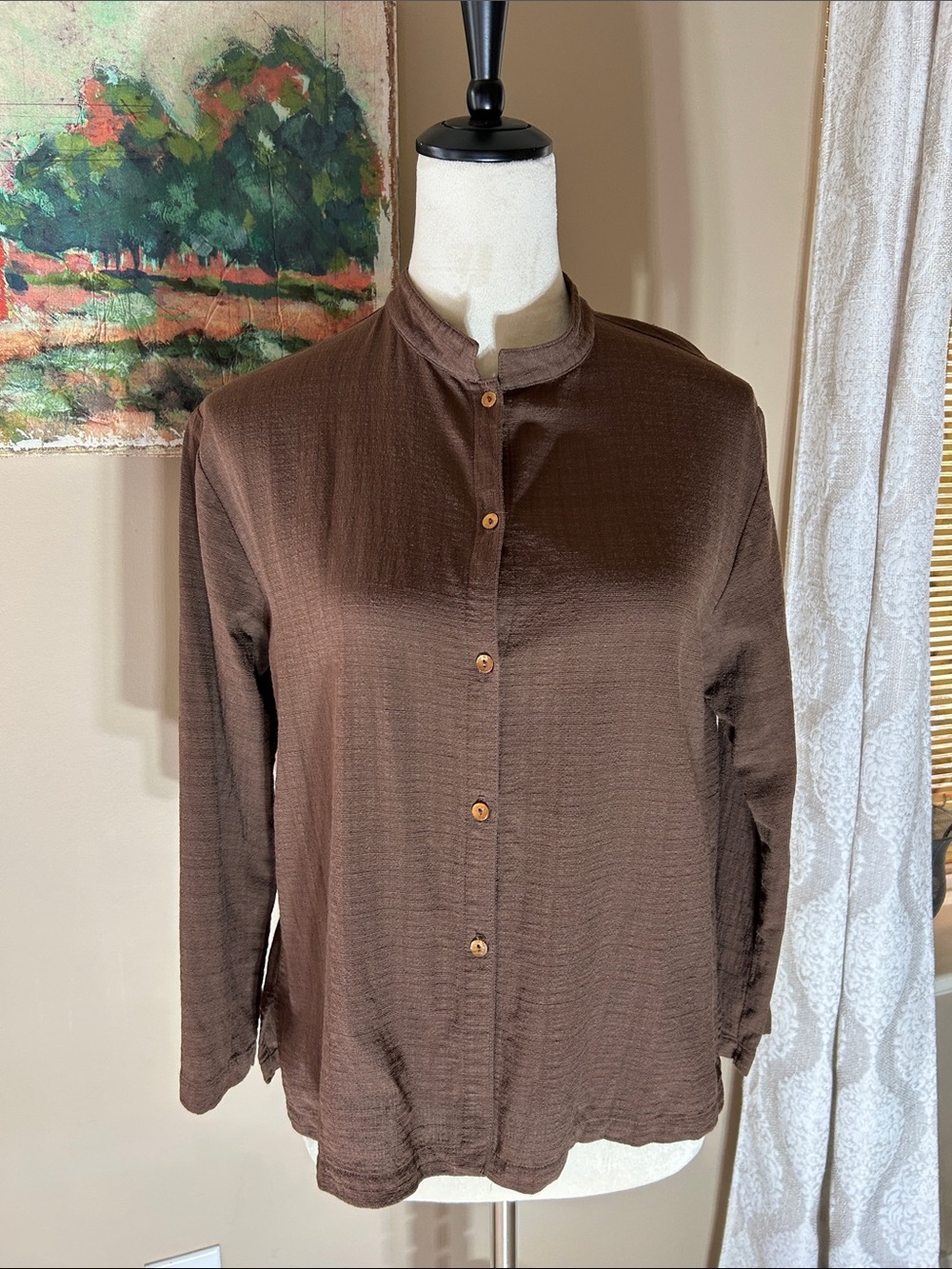 Eileen Fisher Button-Front Mandarin Collar Blouse
